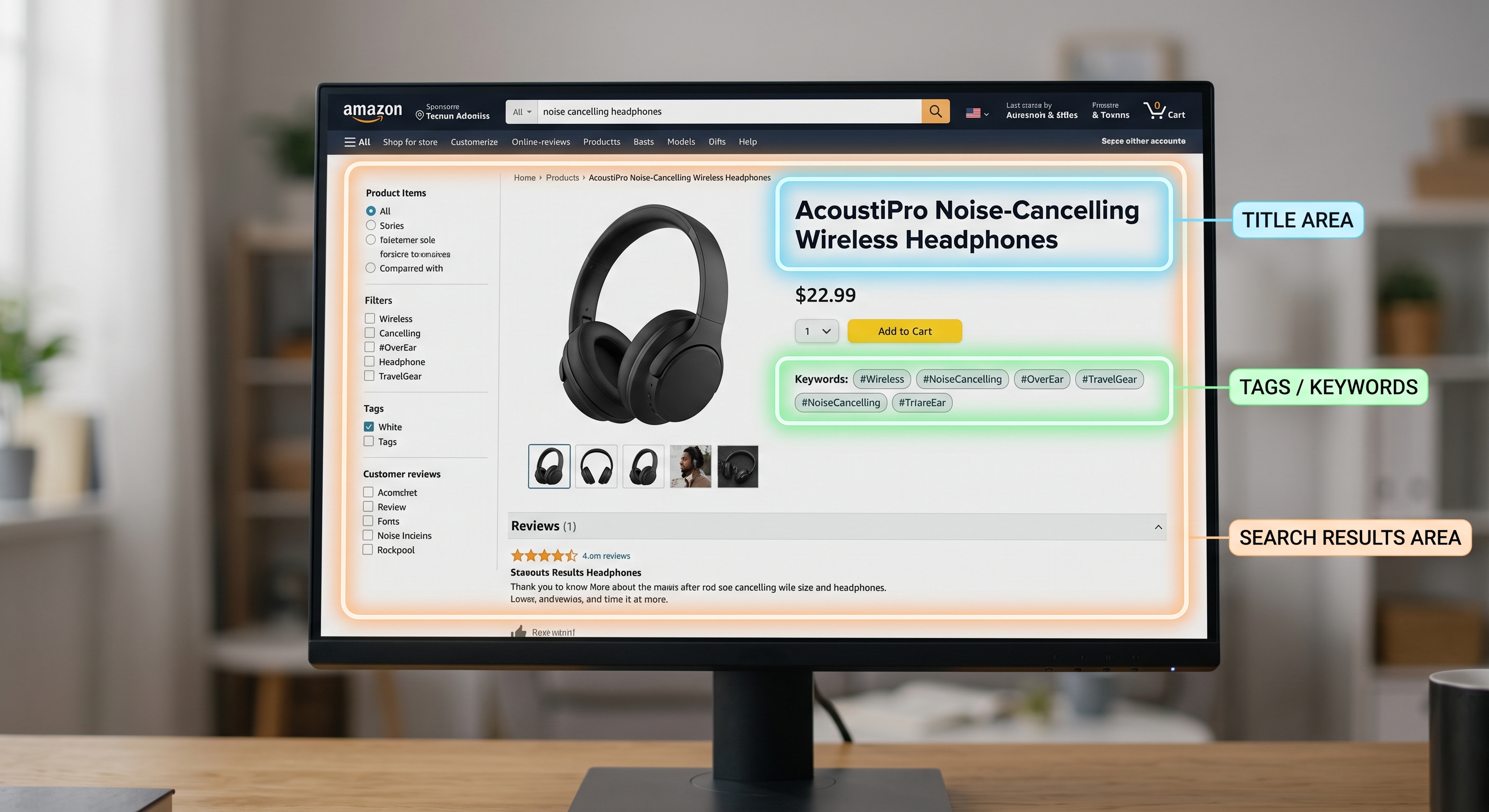 A product listing on a screen with the title, tags, and search results area highlighted.