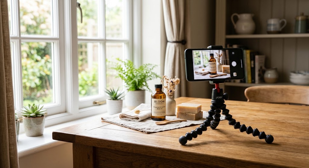A smartphone on a small tripod photographing a product on a table beside a bright window.