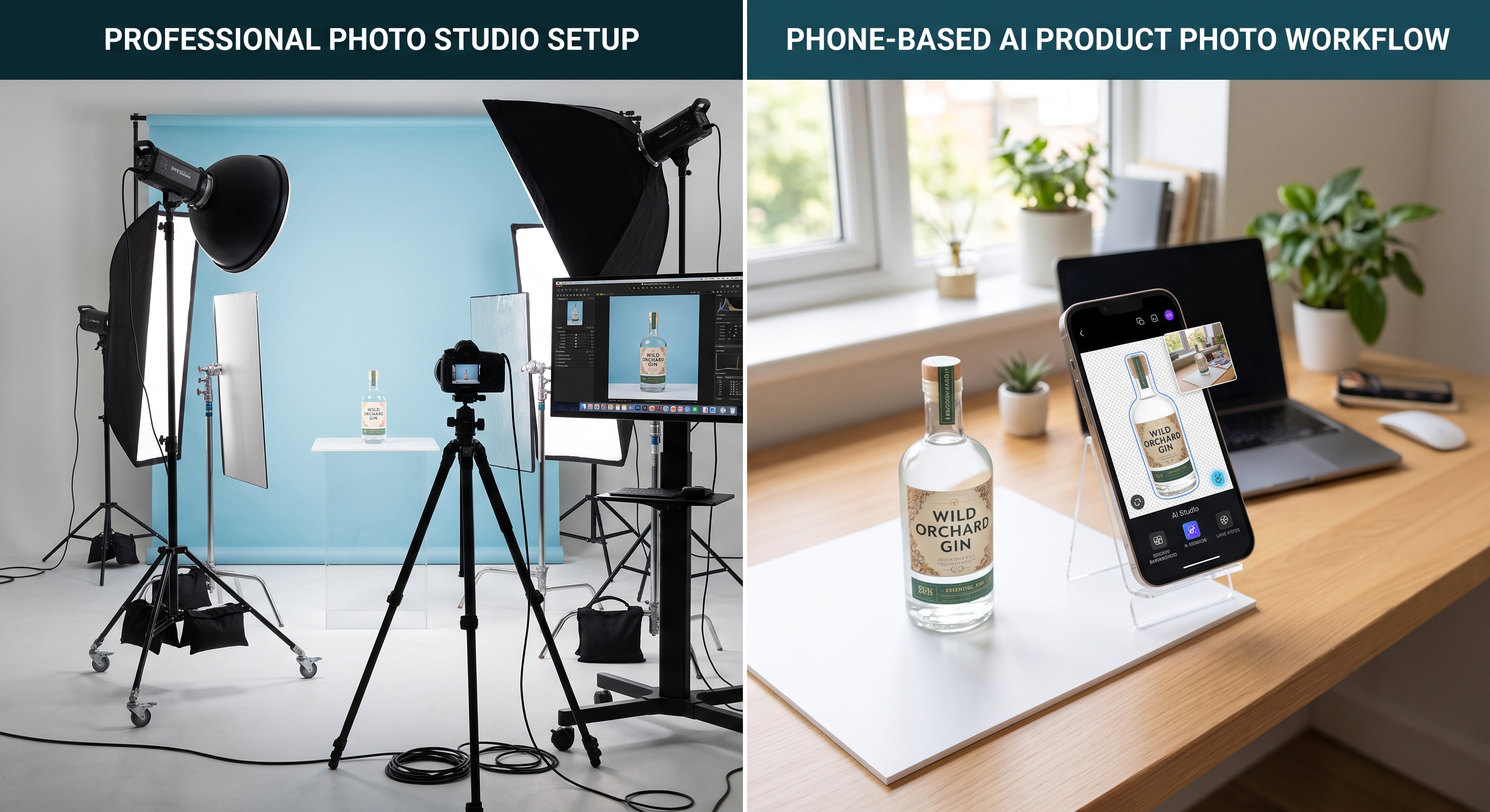 A split image comparing a professional photo studio setup with a phone-based AI product photo workflow.