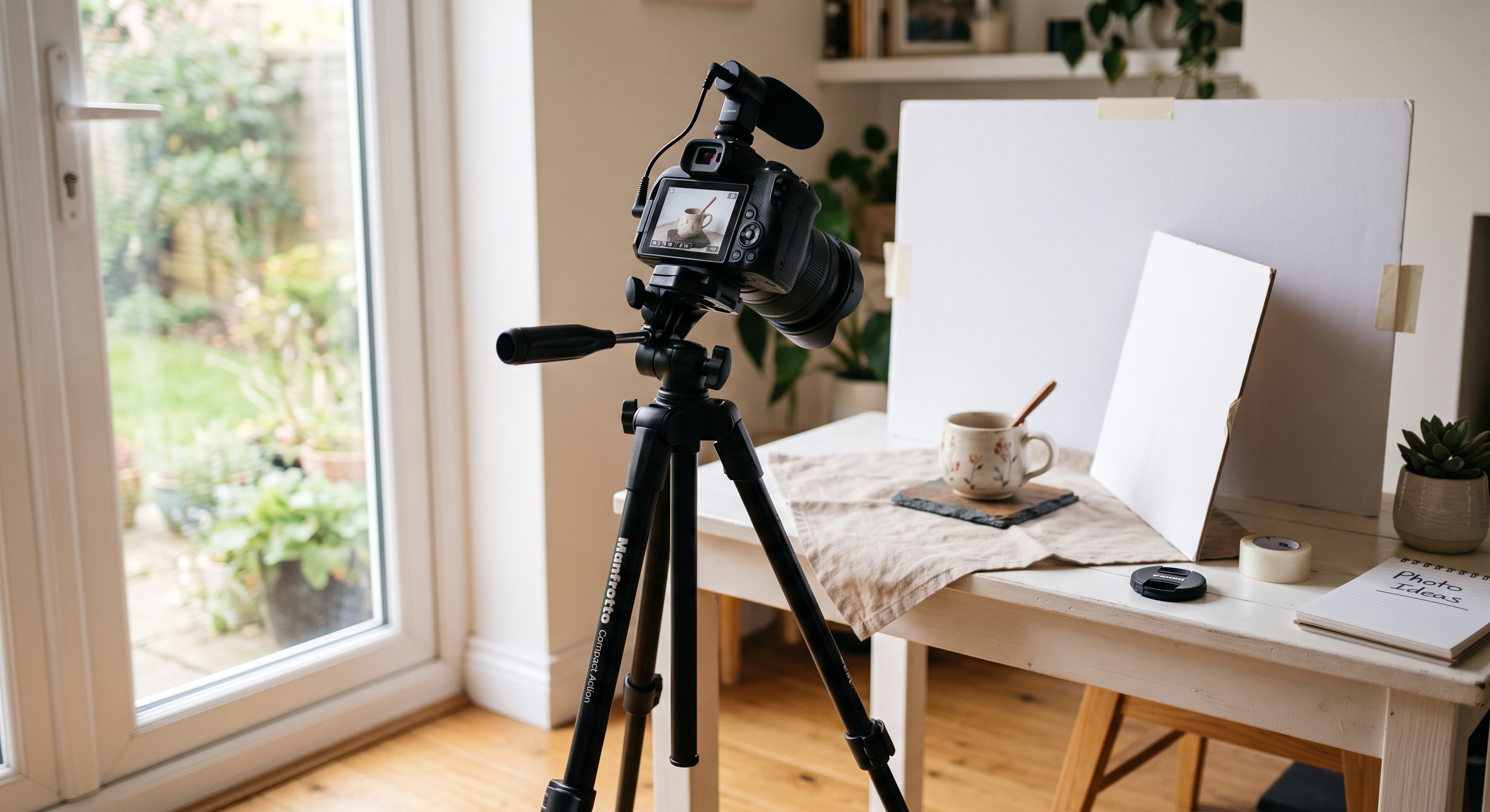 A beginner's product photography setup: a camera on a tripod facing a small product lit by a nearby window.