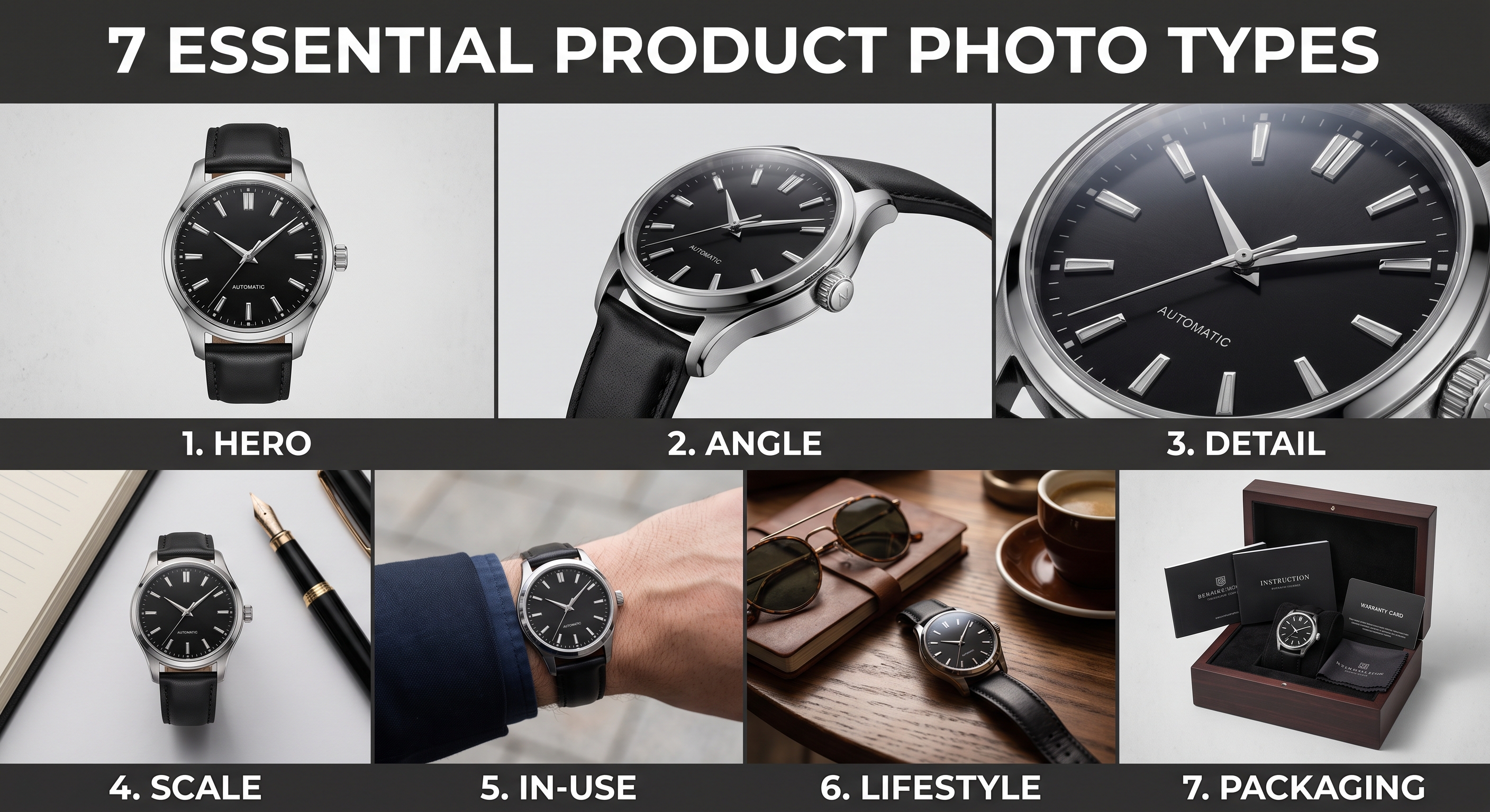 A grid showing seven product photo types: hero, angle, detail, scale, in-use, lifestyle, and packaging.