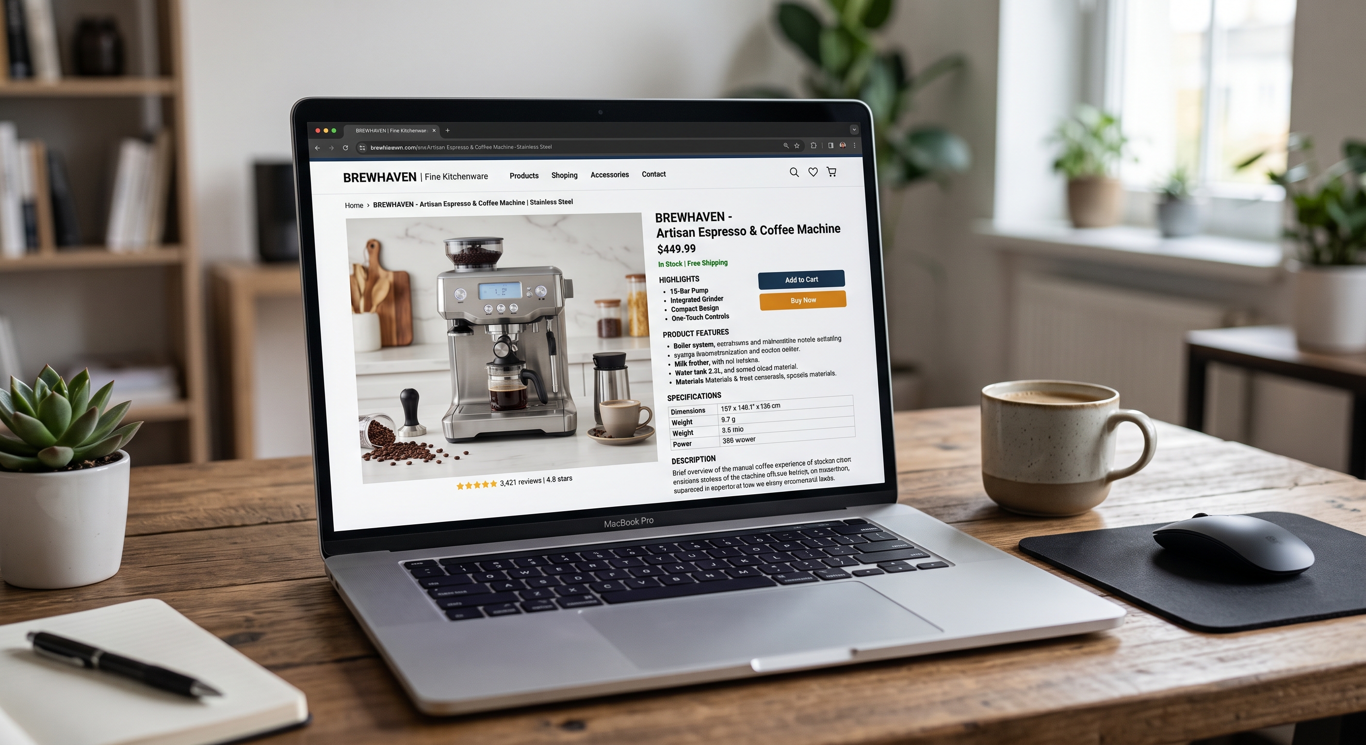 A product listing open on a laptop, showing a well-structured product description beside the product photo.