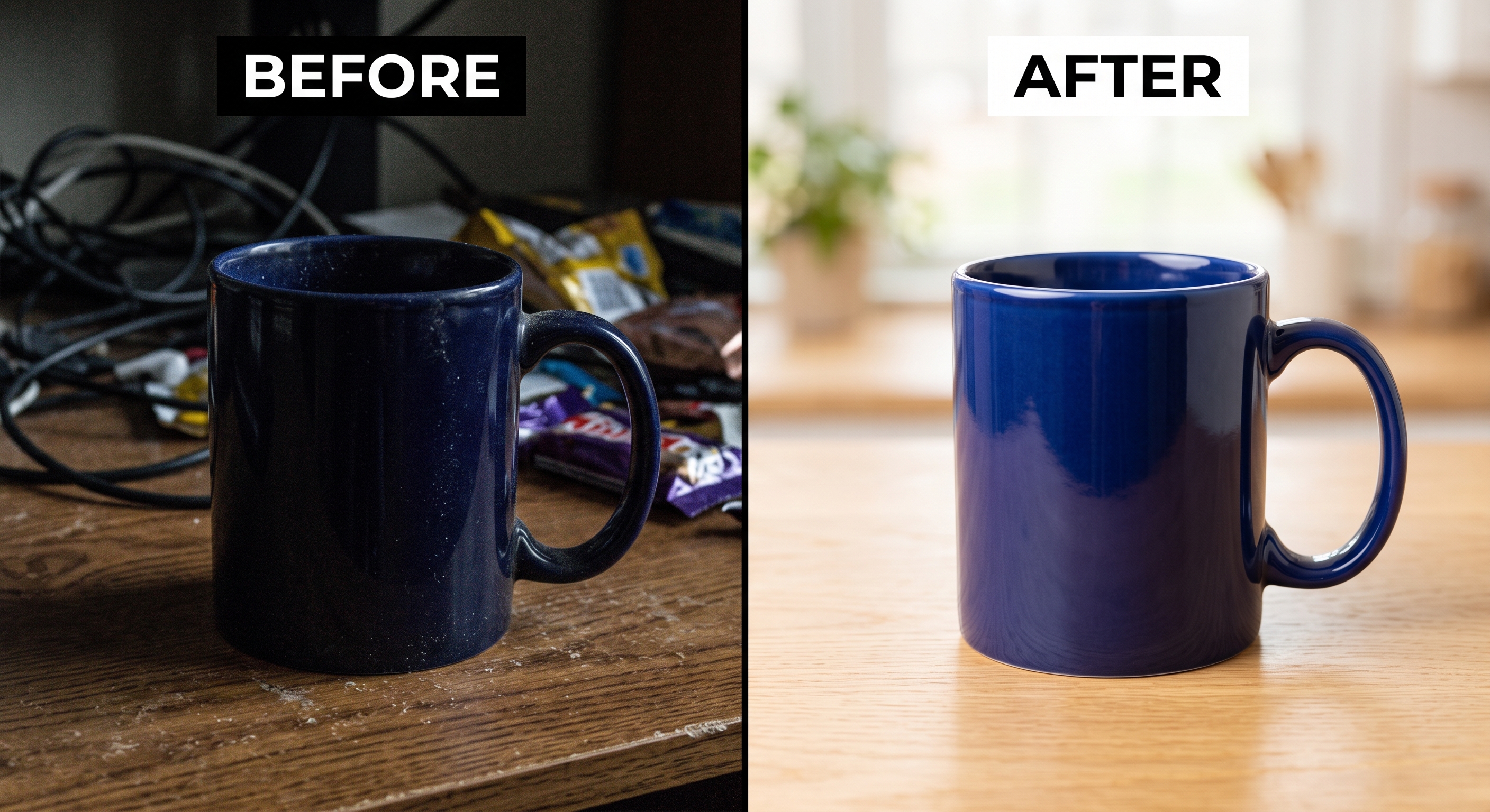 A split comparison of a poor, dim product photo beside a clean, well-lit one.