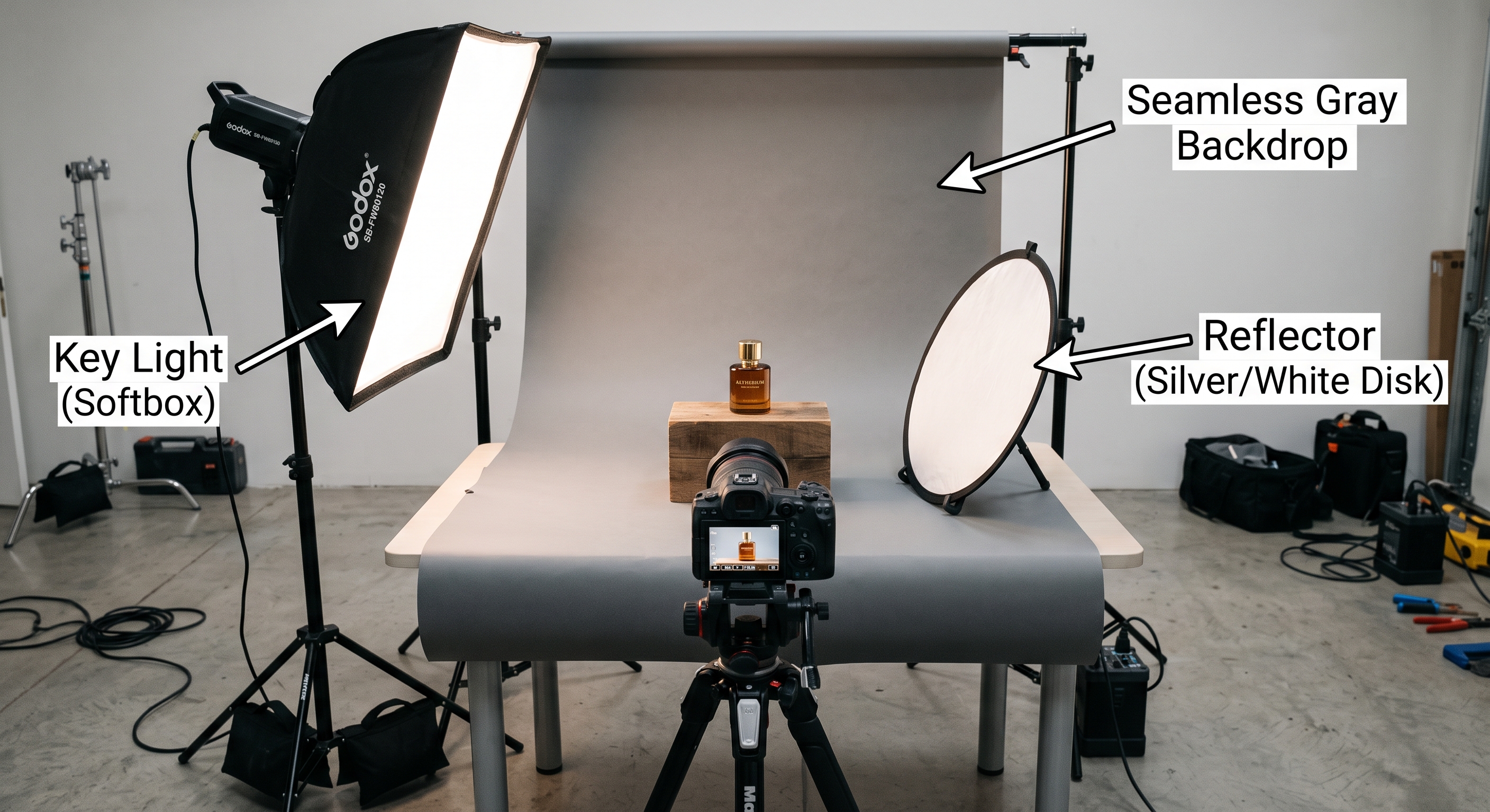 A product photography setup with its key elements labeled - the light source, backdrop, and reflector.